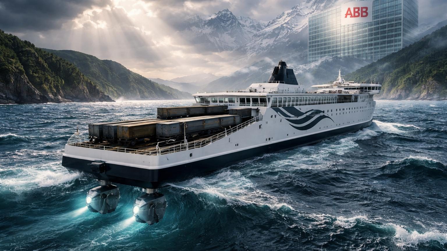 Vue d'un navire ferry moderne naviguant dans des eaux agitées avec des technologies de propulsion visibles, illustrant l'expertise maritime suisse en environnement océanique complexe.
