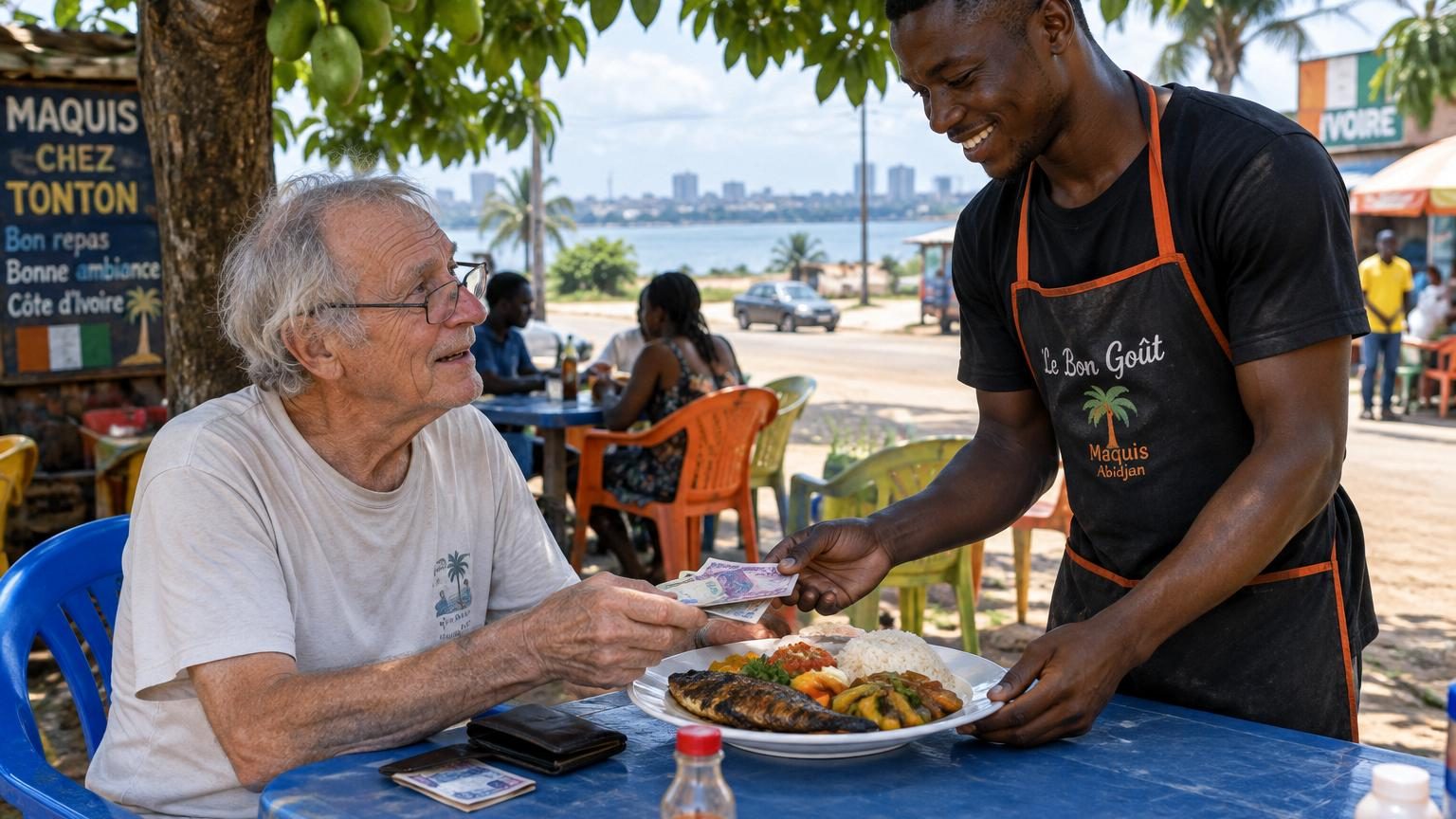 Patrick, septuagénaire aux lunettes légèrement de travers, assis à une table en plastique sous un manguier à Abidjan, attendant son repas de riz et poisson braisé