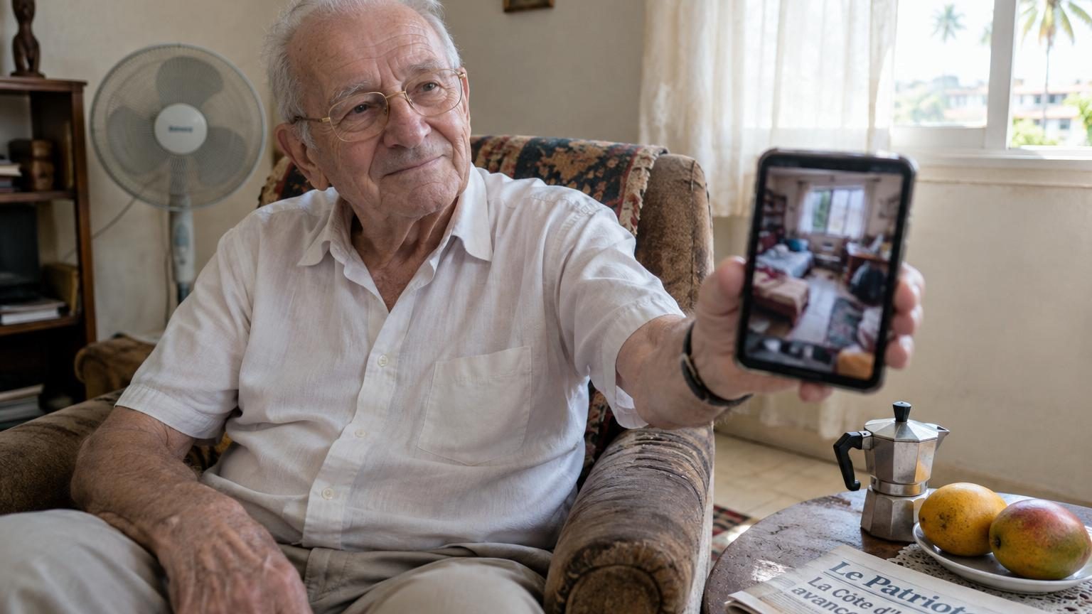 Patrick, homme âgé en chemise claire, assis dans un fauteuil, souriant avec un café et des mangues fraîches sur la table basse à Abidjan, Côte d'Ivoire
