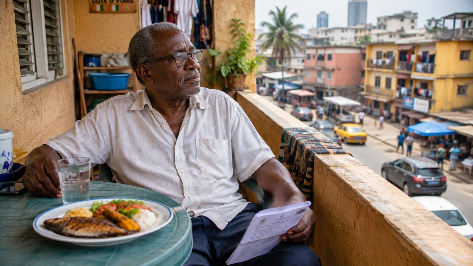 Patrick, un retraité français aux cheveux blancs, assis sur une petite terrasse tropicale à Abidjan, tenant une tasse de café noir devant un environnement urbain ivoirien.