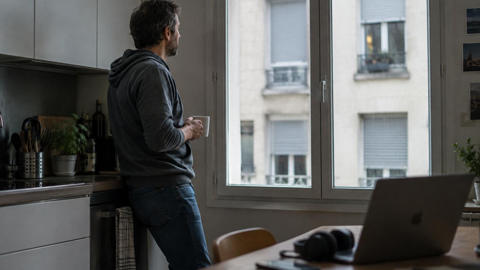 Homme aux cheveux gris assis près d'une fenêtre, tenant un mug, regardant dehors en silence pendant le télétravail, symbolisant la sous-stimulation sociale quotidienne