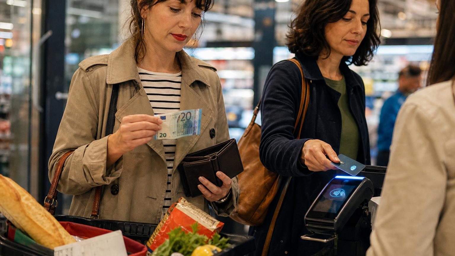 Une cliente fouille son portefeuille au supermarché pour sortir un billet, tandis que la personne derrière elle approche sa carte d'un terminal de paiement.
