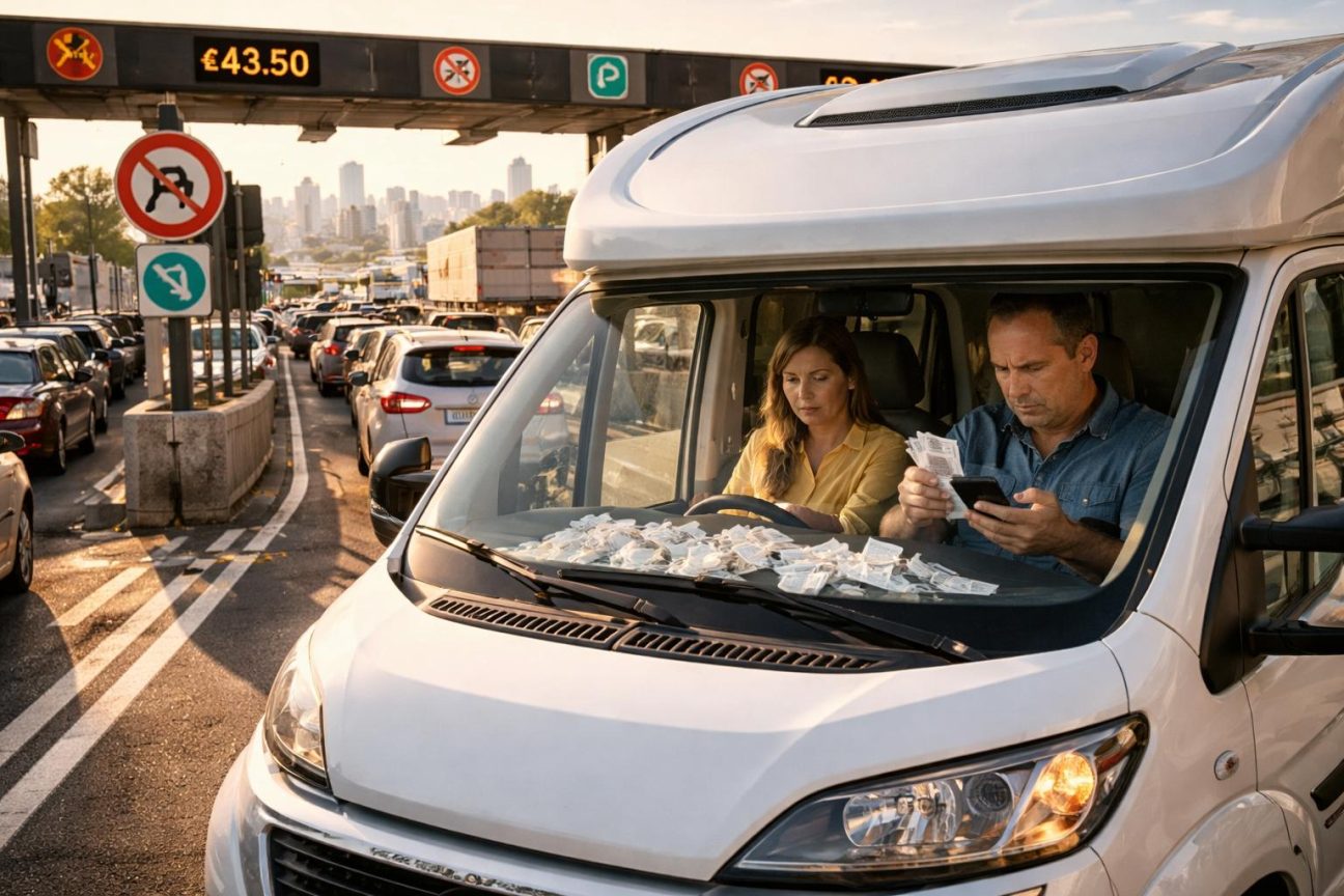 Camping-car chargé à l'arrêt devant un portique de péage, conducteur consultantson téléphone, ticket de péage à la main, paysage d'autoroute en arrière-plan