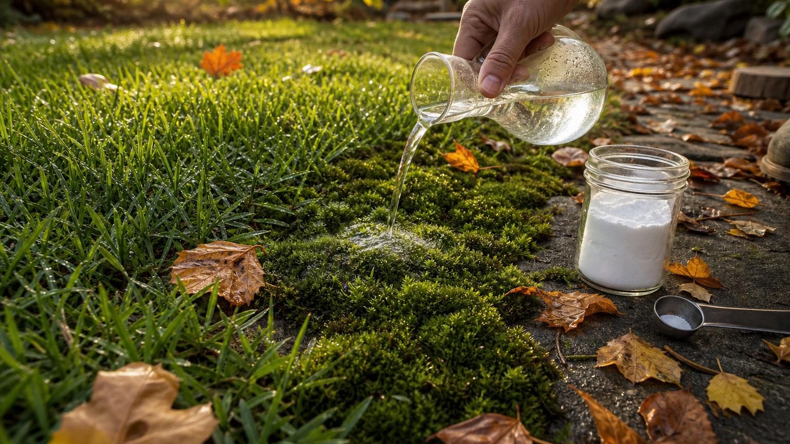 Pelouse d'automne avec plaques de mousse vert foncé entre les brins d'herbe, cuillère et poudre blanche de bicarbonate, et litre d'eau mélangée prêts à l'application.