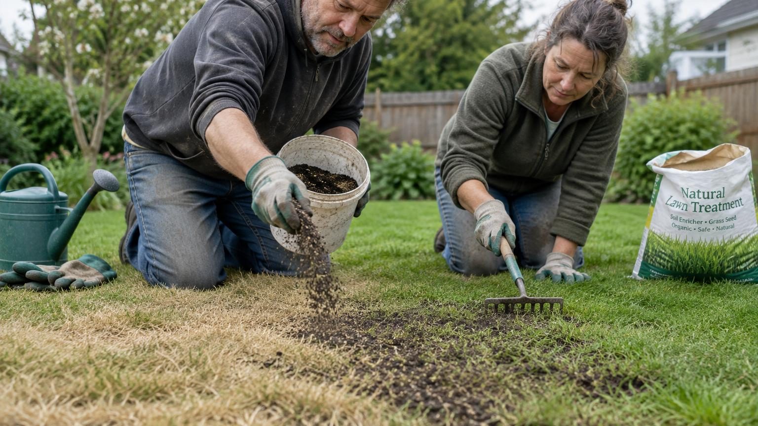 Deux jardiniers aérant manuellement une pelouse jaune et compacte au printemps avec des outils de jardinage, prêts à y appliquer du terreau.