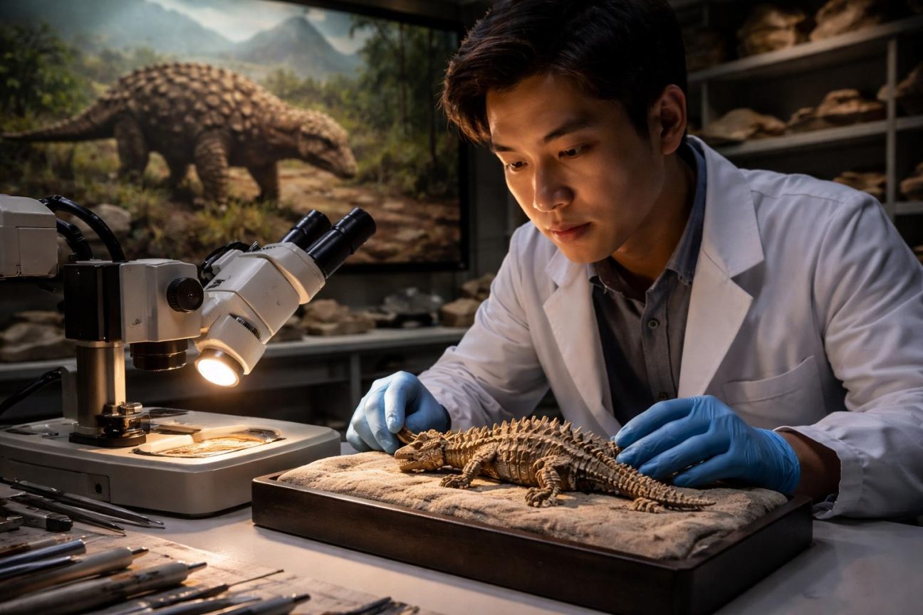 Fossile minuscule d'un ankylosaure bébé découvert en Chine, montrant les plaques osseuses caractéristiques de son armure déjà formées.
