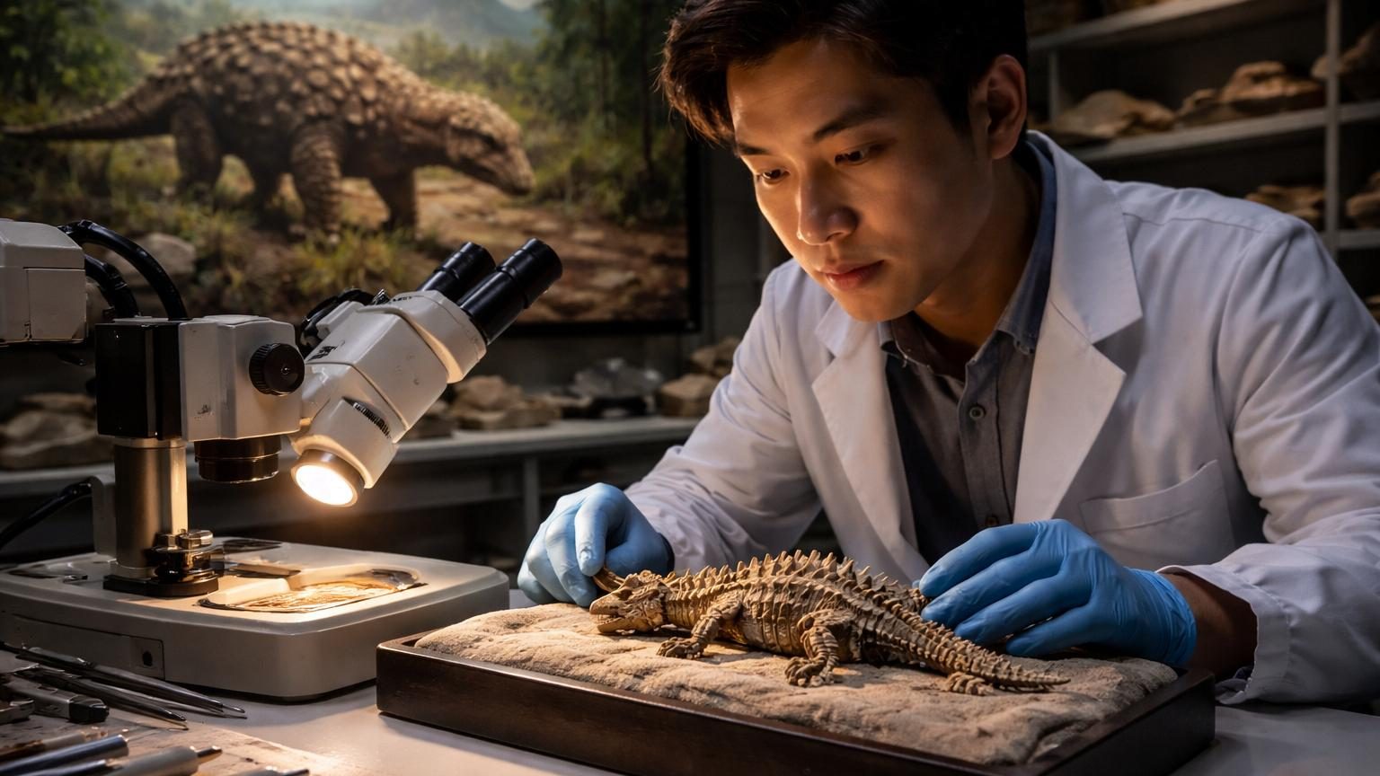 Fossile minuscule d'un ankylosaure bébé découvert en Chine, montrant les plaques osseuses caractéristiques de son armure déjà formées.