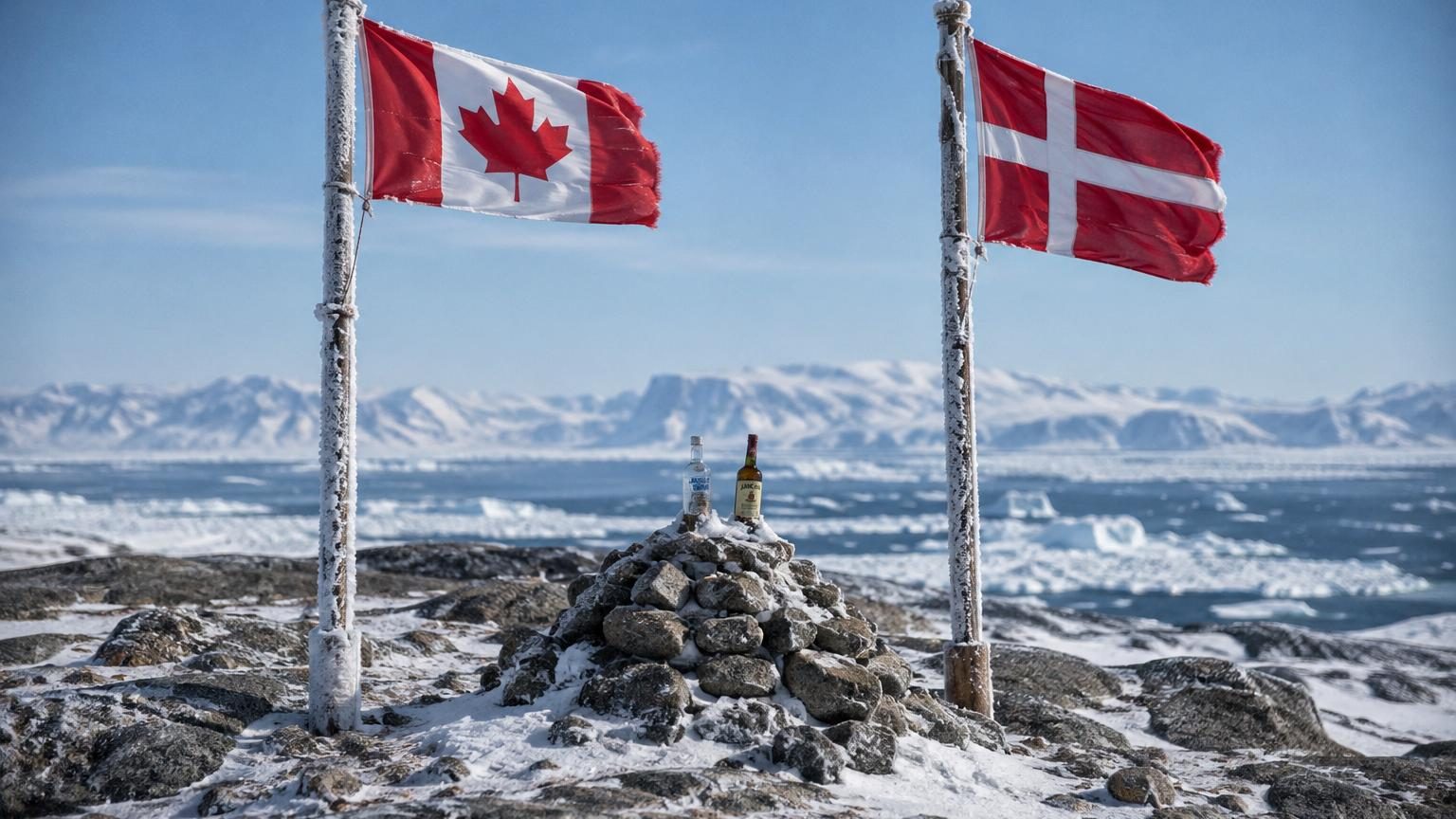 Carte stylisée de l'Arctique montrant l'île Hans divisée en deux par une ligne de frontière, avec des drapeaux canadien et danois de part et d'autre, entourée d'eau glacée.