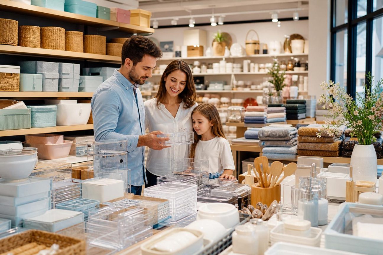 Intérieur d'un salon organisé avec des boîtes de rangement neutres, des paniers et des accessoires de décoration sur des étagères bien ordonnées.