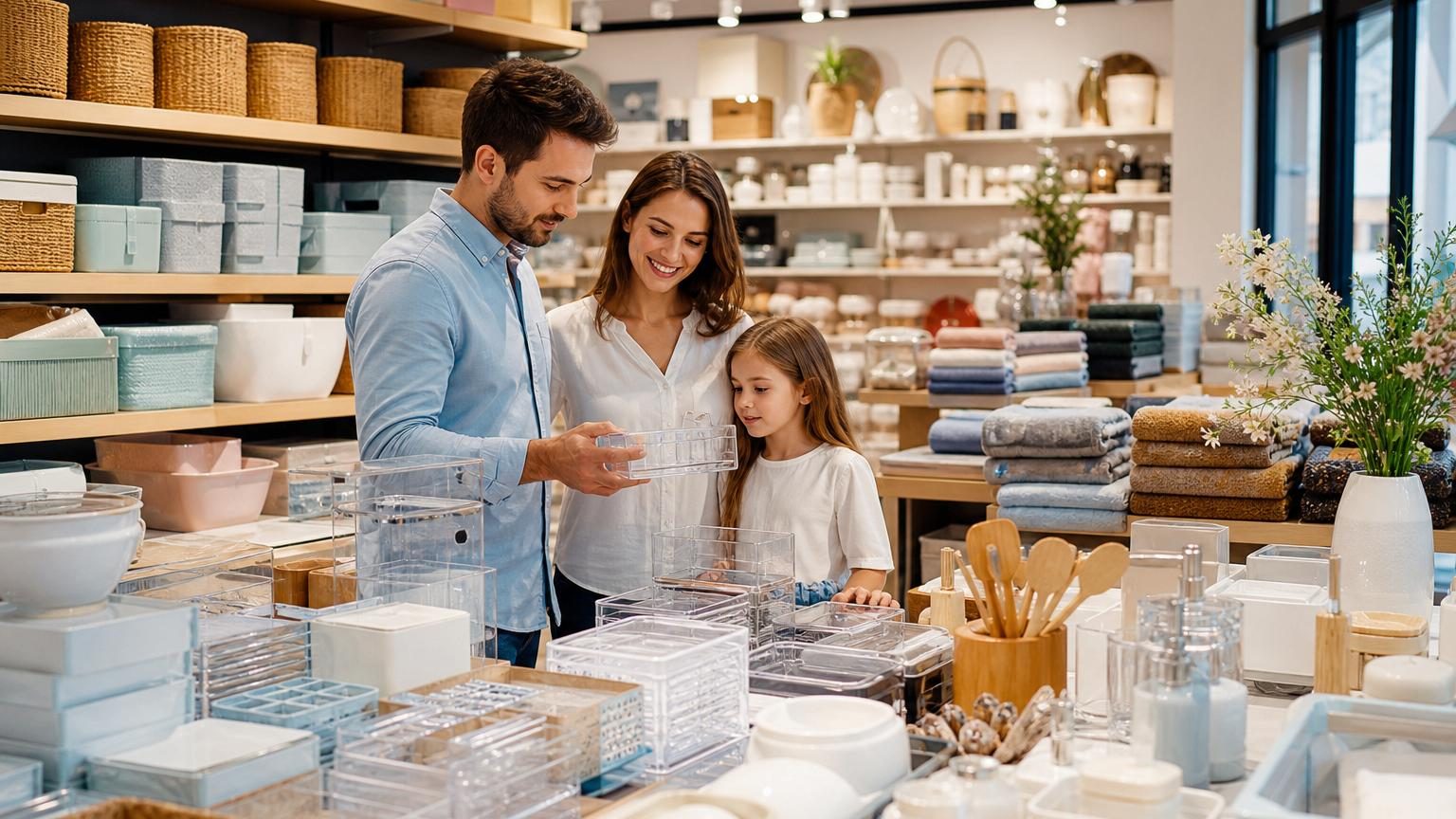 Intérieur d'un salon organisé avec des boîtes de rangement neutres, des paniers et des accessoires de décoration sur des étagères bien ordonnées.
