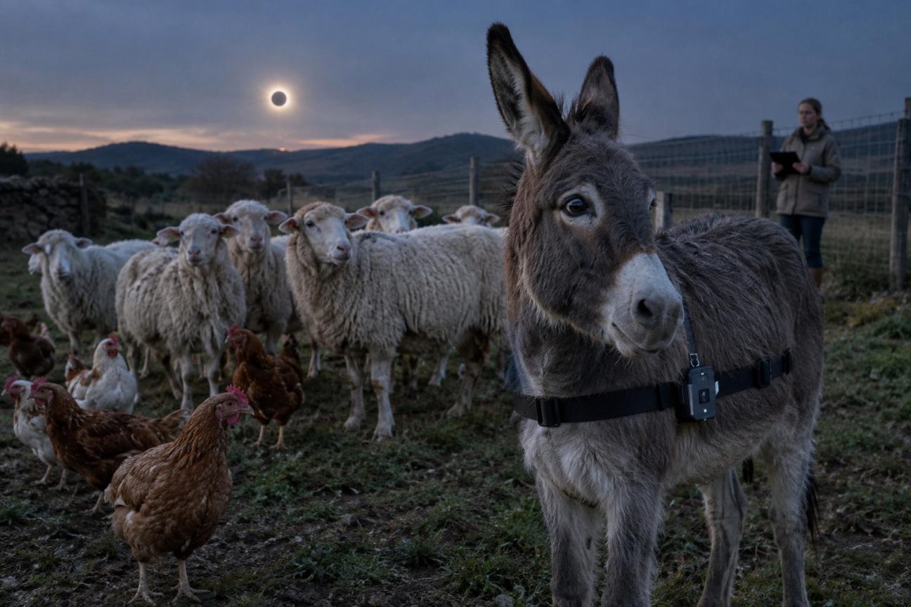 Troupeau de brebis dans un pré sous le ciel pendant l'éclipse solaire du 12 août en Espagne