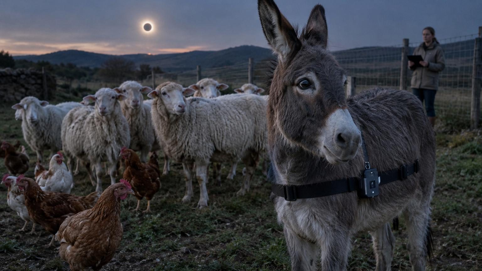 Troupeau de brebis dans un pré sous le ciel pendant l'éclipse solaire du 12 août en Espagne