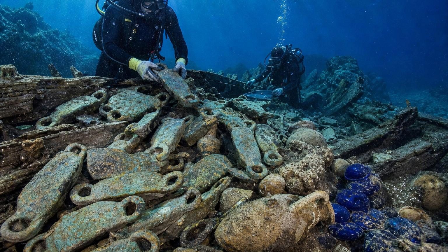 Vue sous-marine d'une épave antique avec des lingots de cuivre en peau de bœuf dispersés sur le fond rocheux entouré de sédiments et de débris.
