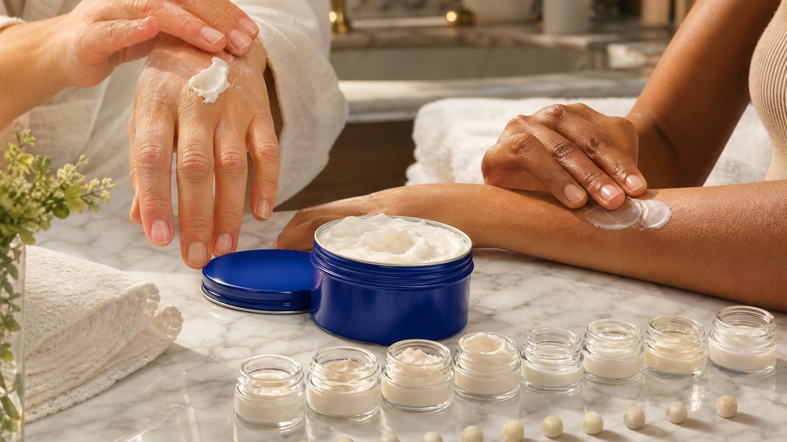 Pot de soin cosmétique de teinte bleue distinctive, entouré de détails de peau saine et hydratée illustrant l'amélioration cutanée.