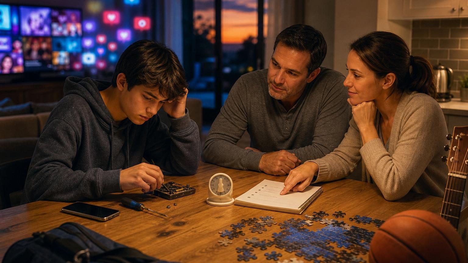 Parent et enfant discutant calmement à table, symbolisant la transmission de valeurs d'effort et de responsabilité par le dialogue bienveillant
