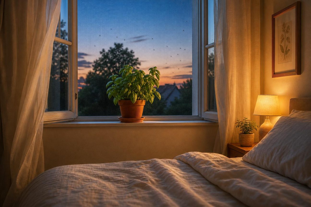 Un pot de basilic vert sur un rebord de fenêtre ensoleillée, avec ses feuilles brillantes bien visibles, positionné pour diffuser son parfum répulsif contre les moustiques à l'intérieur d'une chambre