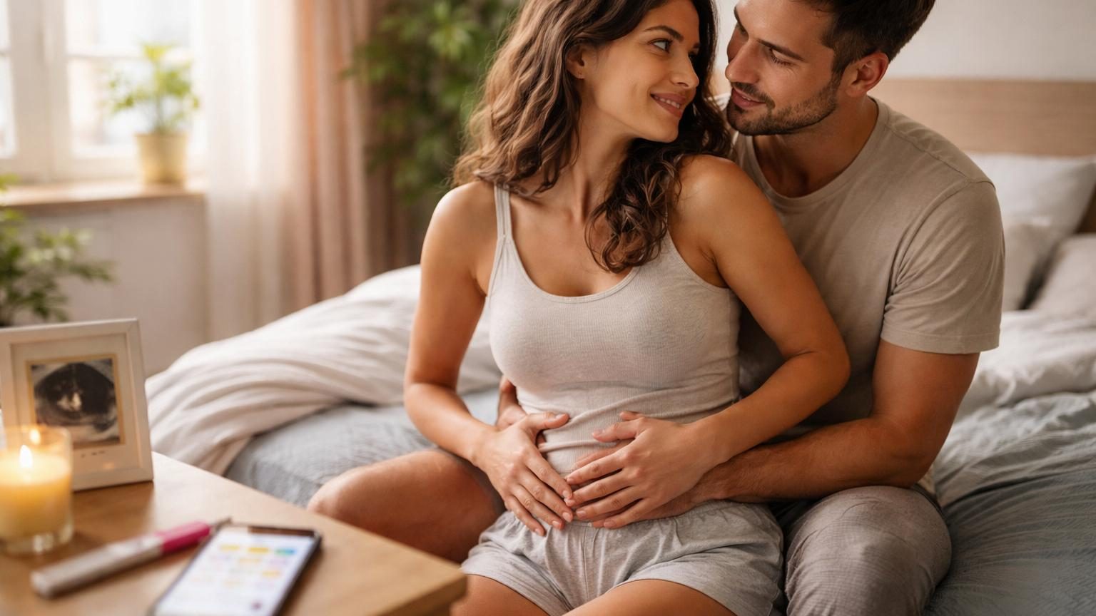 Couple heureux à l'intérieur partageant un moment intime, illustrant la relation entre fréquence des rapports et fertilité.
