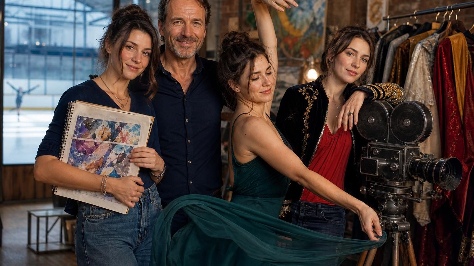 Photo de famille montrant Philippe Candeloro avec ses trois filles Luna, Maya et Talia, dans une ambiance chaleureuse reflétant leur créativité partagée mais distincte.