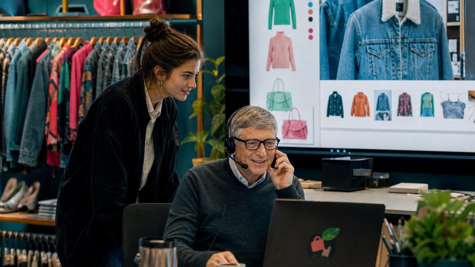 Jeune femme en appel client aidant un utilisateur sur l'interface de Phia, avec des vêtements et des écrans affichant des comparaisons de prix en arrière-plan