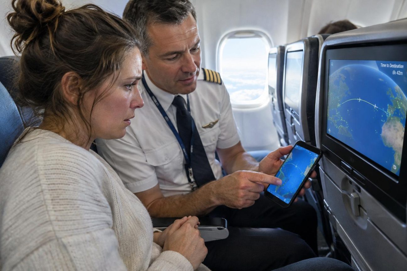 Un commandant de bord en repos montre sur son téléphone une carte détaillée d'aéroports de déroutement à une passagère anxieuse survolant l'Atlantique, révélant les points de sécurité invisibles sous l'avion.