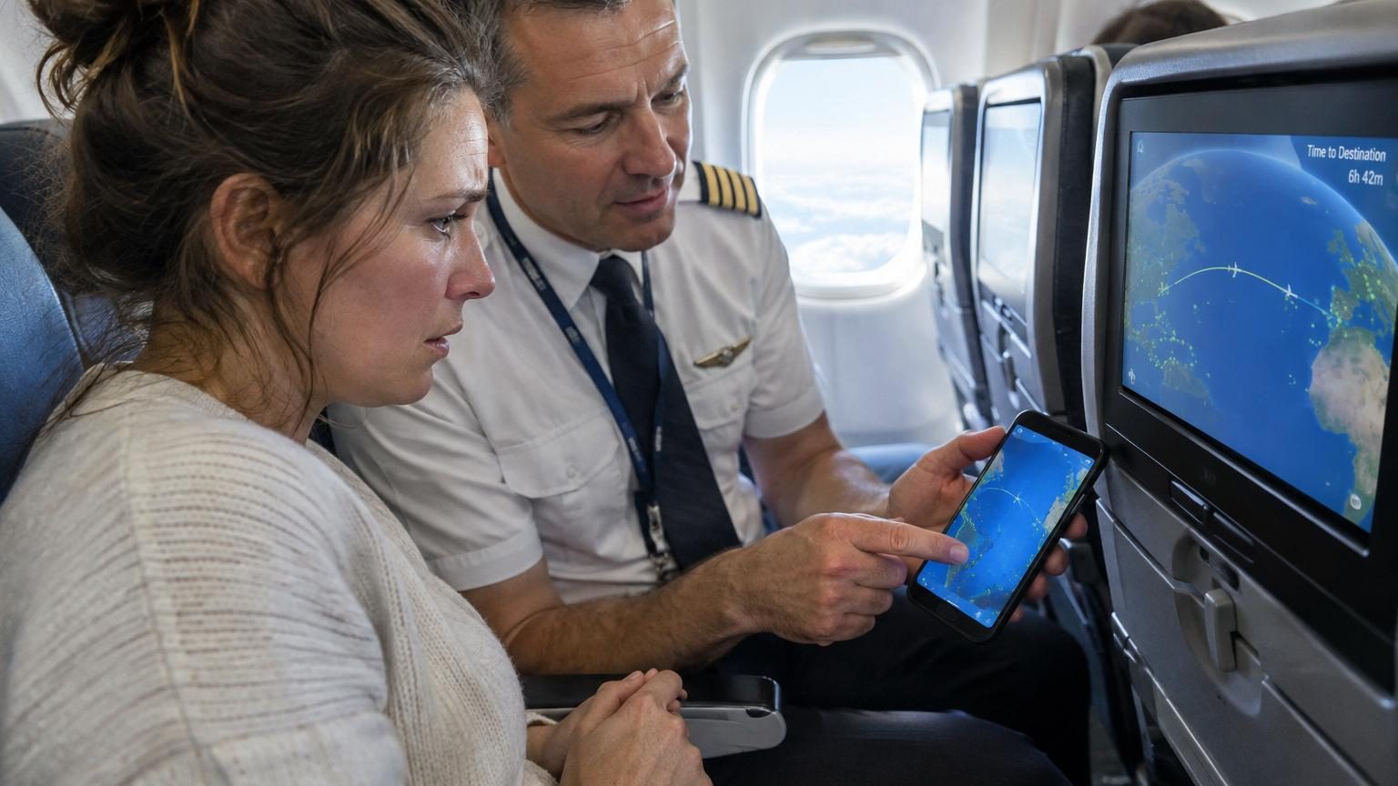 Un commandant de bord en repos montre sur son téléphone une carte détaillée d'aéroports de déroutement à une passagère anxieuse survolant l'Atlantique, révélant les points de sécurité invisibles sous l'avion.