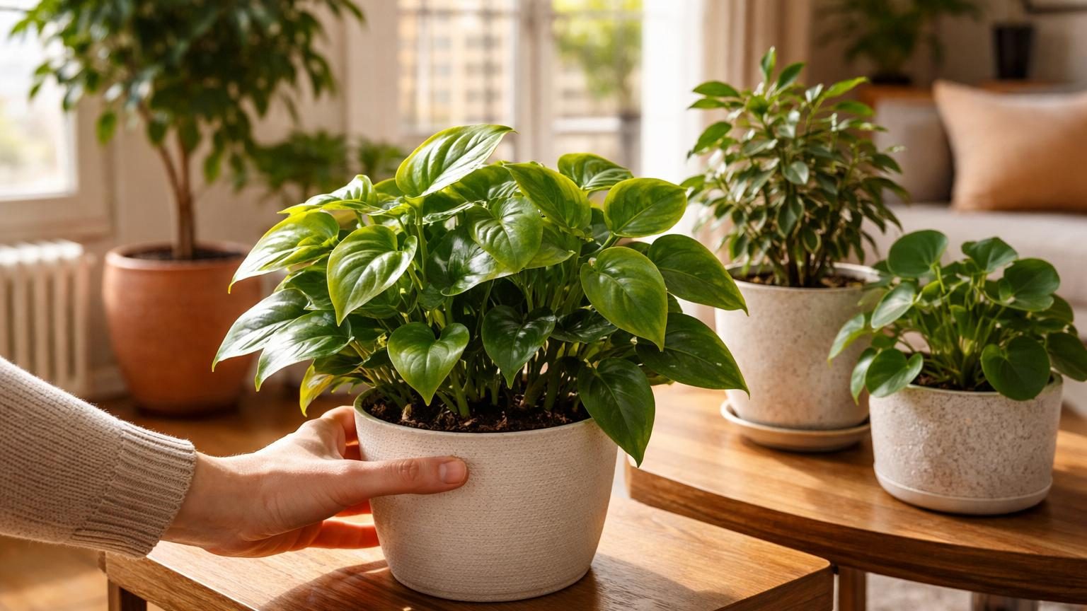 Main tenant un pot de plante verte, effectuant une rotation progressive vers la source lumineuse d'une fenêtre dans un salon.