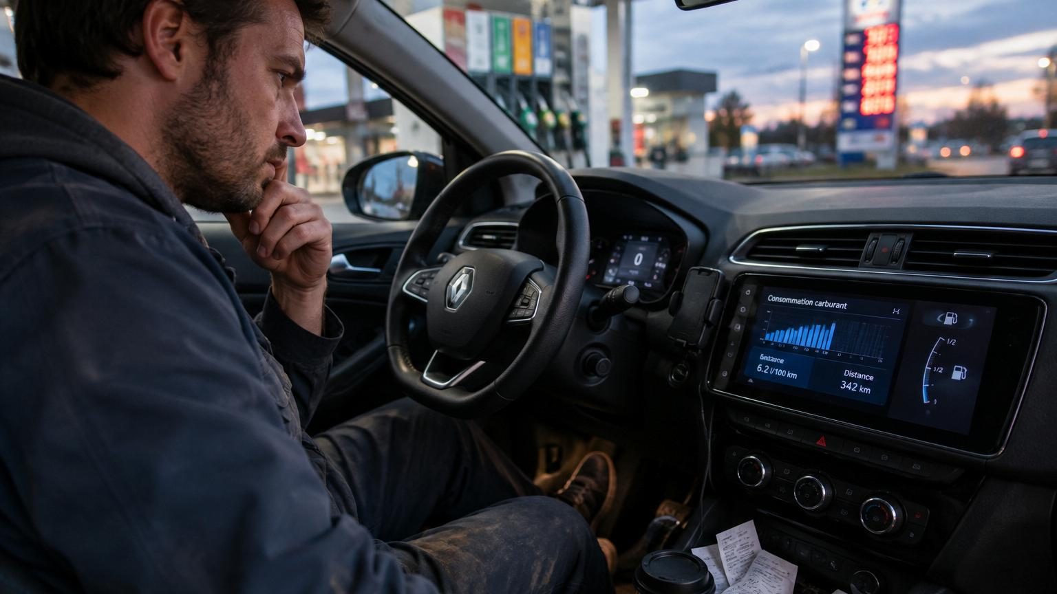 Automobiliste à une pompe essence, les mains sur le volant, observant son compteur de vitesse et l'affichage de consommation du tableau de bord pour conduire de manière plus économe.