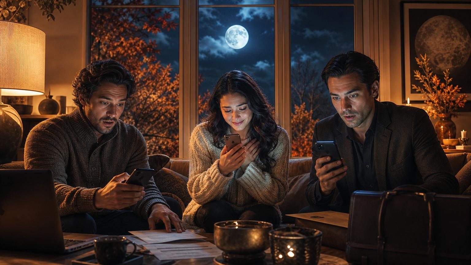 Une main tenant un téléphone qui s'illumine dans la nuit d'octobre, avec la lumière blanche d'une pleine lune en arrière-plan.