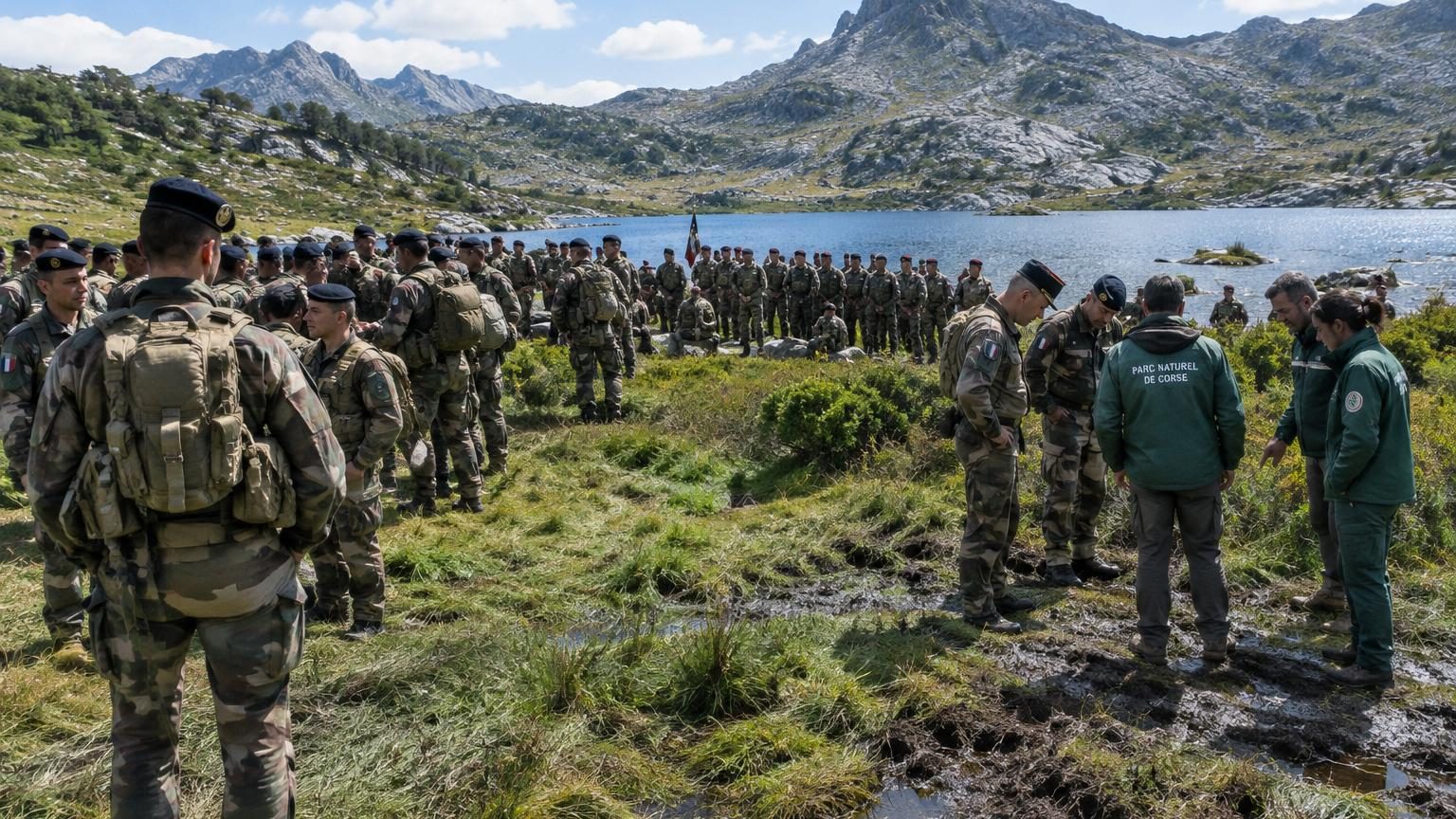 Plus de 200 légionnaires en uniforme assis en cercle autour du lac de Ninu en Corse, avec la montagne en arrière-plan et chevaux paissant à distance