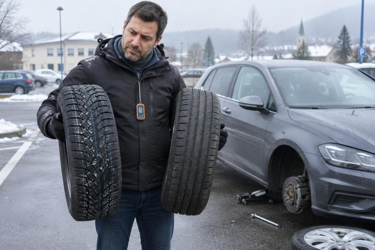 Gros plan sur un pneu d'automobile montrant les sculptures de la bande de roulement, illustrant la différence entre pneus d'hiver et d'été.