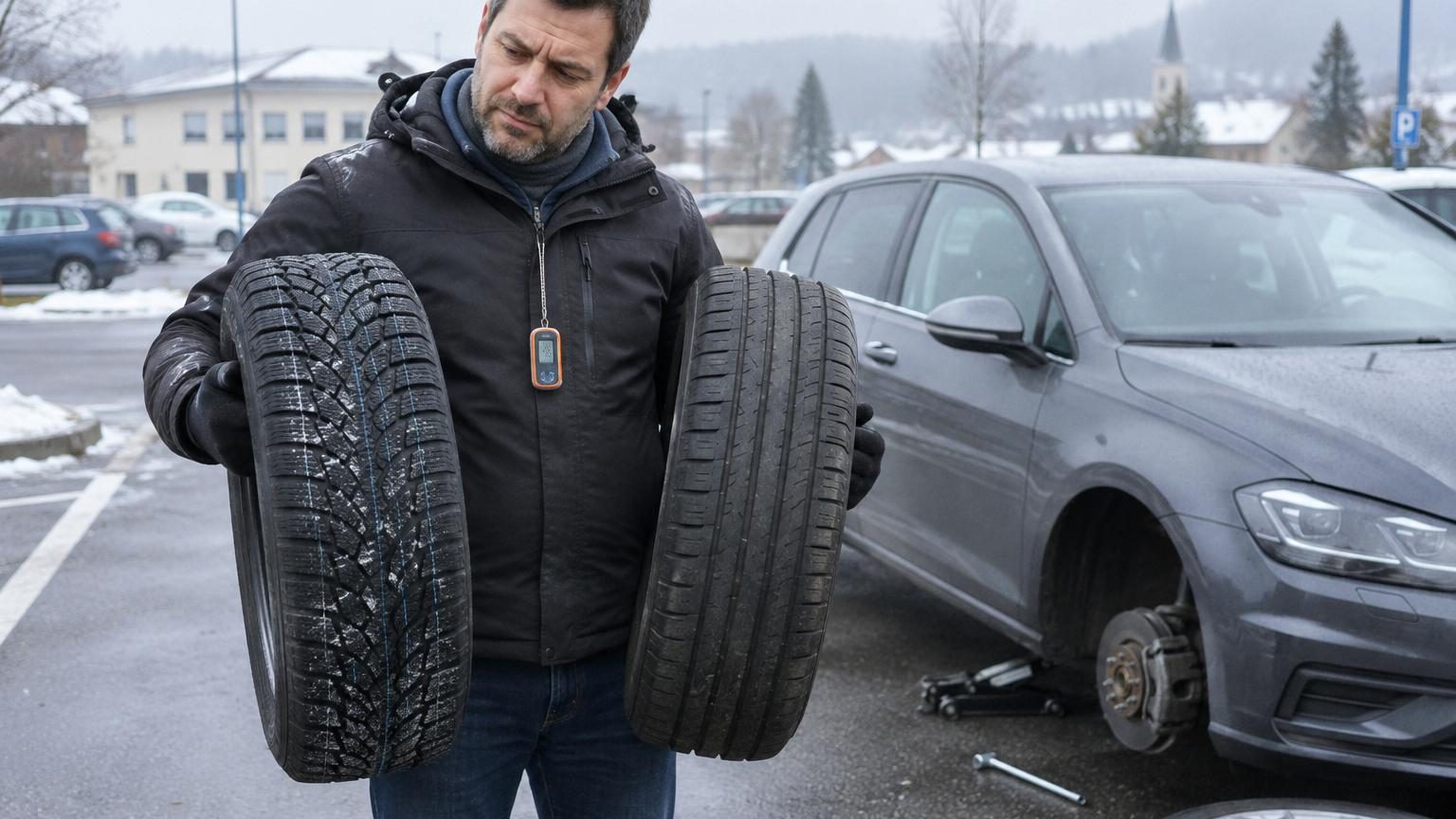 Gros plan sur un pneu d'automobile montrant les sculptures de la bande de roulement, illustrant la différence entre pneus d'hiver et d'été.
