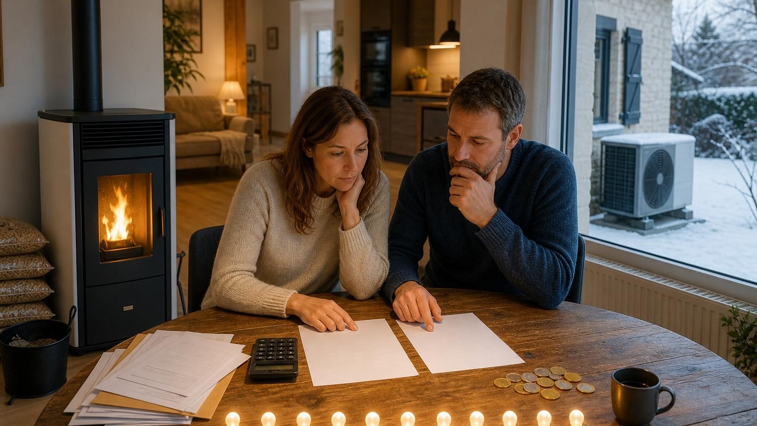 Comparaison visuelle d'un poêle à granulés avec un bac de pellets et d'une pompe à chaleur air-eau installée en extérieur d'une maison