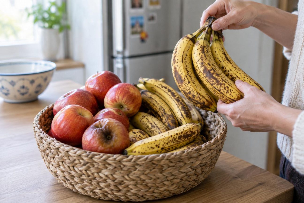 Panier de fruits colorés contenant des pommes rouges et des bananes jaunes côte à côte, illustrant le mélange à éviter pour une meilleure conservation.