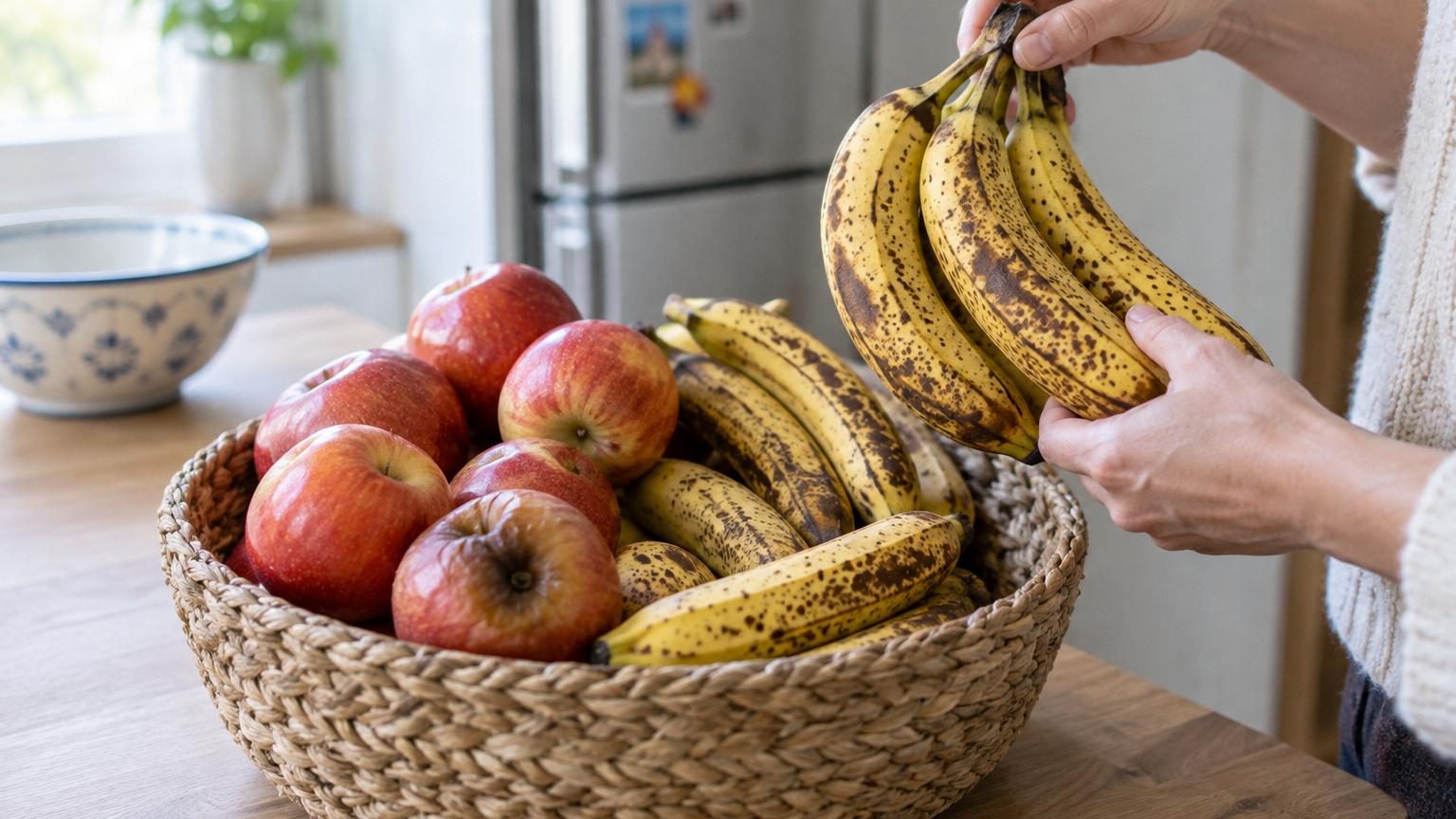 Panier de fruits colorés contenant des pommes rouges et des bananes jaunes côte à côte, illustrant le mélange à éviter pour une meilleure conservation.