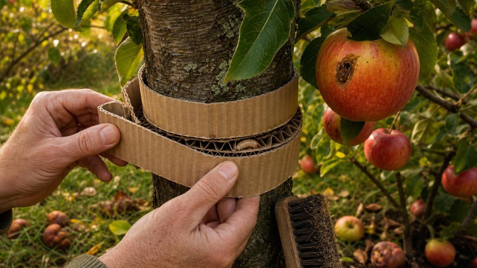 Pommes véreuses : l&rsquo;astuce du jardinier avec du carton ondulé autour du tronc pour piéger le carpocapse