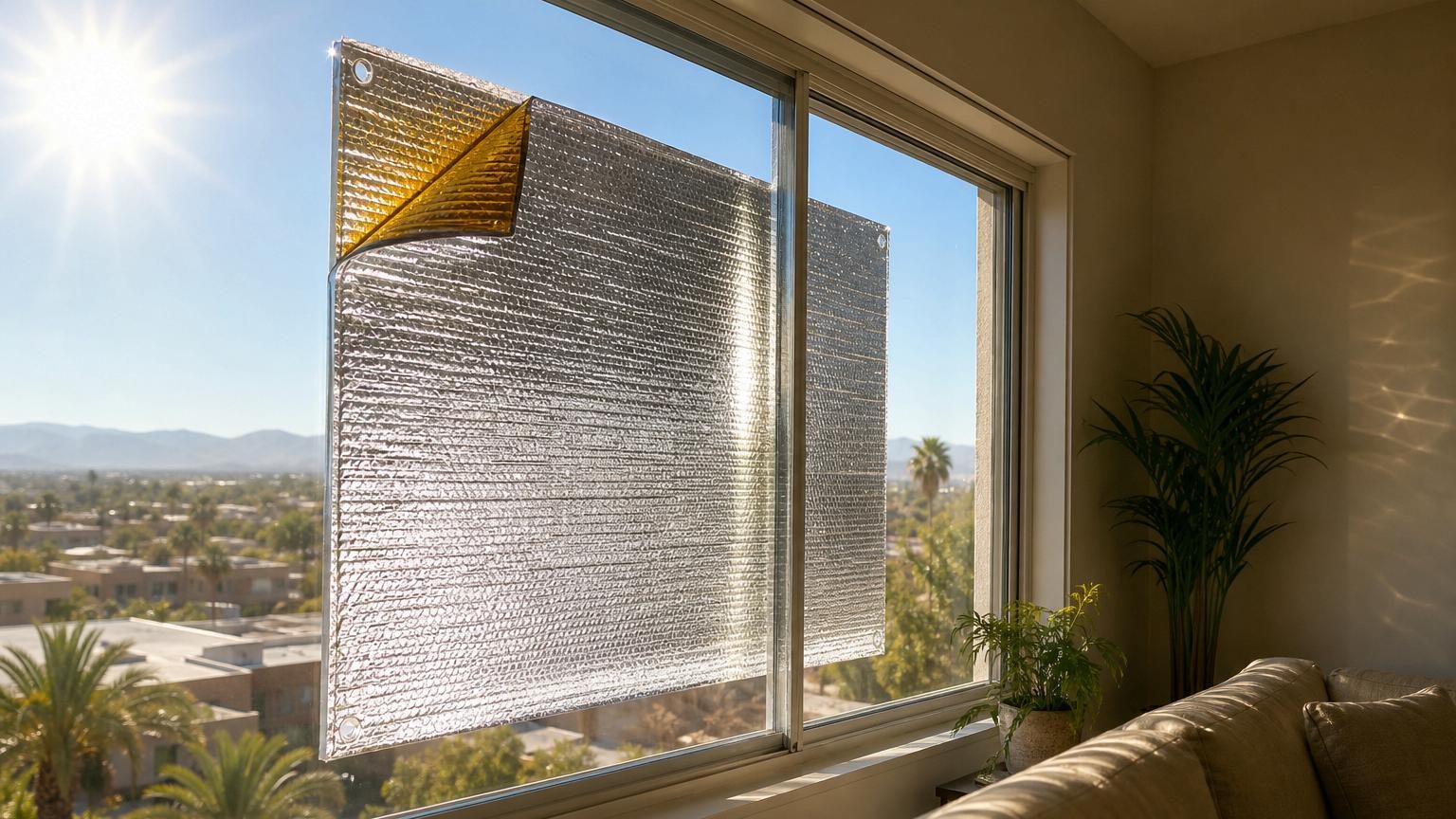 Couverture de survie à face argentée tendue sur une fenêtre de salon exposée au soleil, avec un petit espace d'air entre le tissu métallisé et le vitrage.