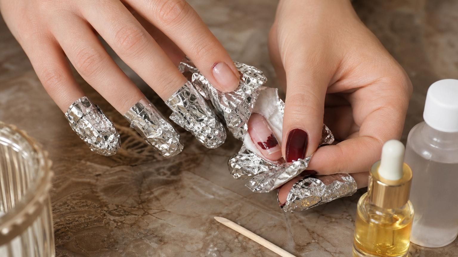 Détail de deux doigts manucurés couverts de coton imbibé et maintenus par du film métallique brillant, illustrant la technique de retrait doux du vernis gel.