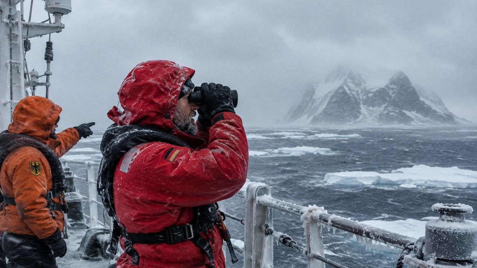Navire allemand naviguant dans le brouillard et la glace de la mer de Weddell en Antarctique, approchant une île rocheuse émergeant des glaces.