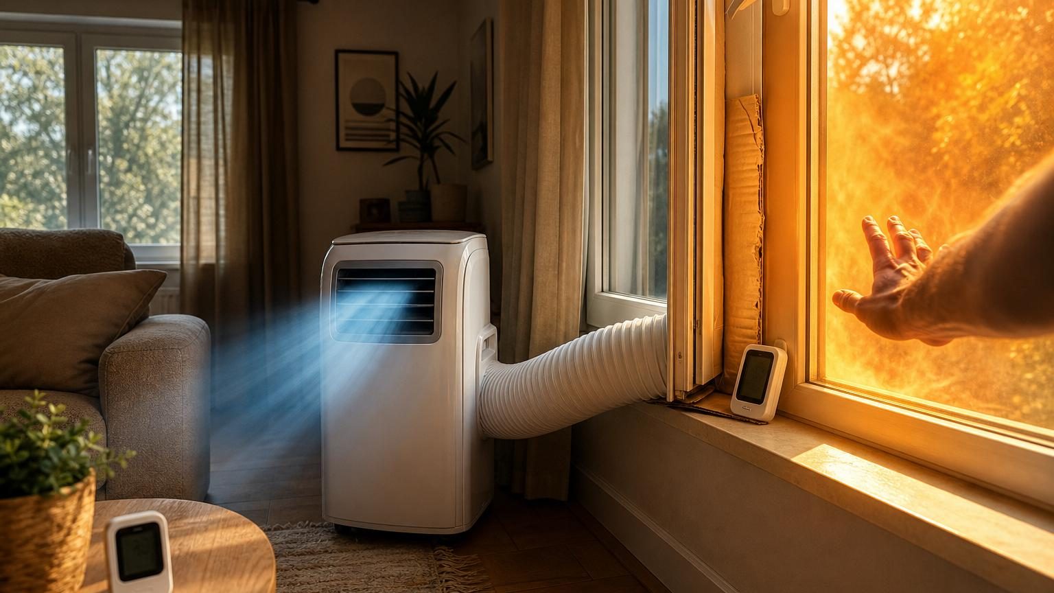 Un salon avec une climatisation mobile, son tuyau d'évacuation passant par une fenêtre entrouverte calfeutrée, avec un thermomètre visible près de l'interstice pour illustrer la mesure de température.