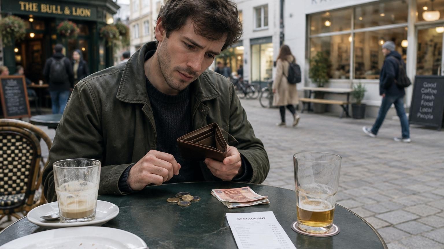 Table de restaurant européenne avec verre de vin, assiette et addition, illustrant les différentes pratiques de pourboire selon les pays.