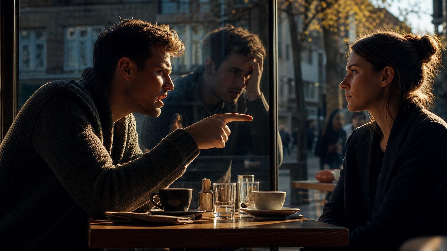 Deux personnes en discussion tendue, l'une avec un expression dominatrice et l'autre semblant retirée, illustrant un conflit relationnel.