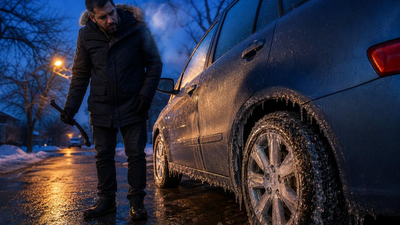 Voiture couverte de givre et neige stationnée dehors par une nuit d'hiver glaciale, avec pare-brise blanc et conditions de gel extrême.