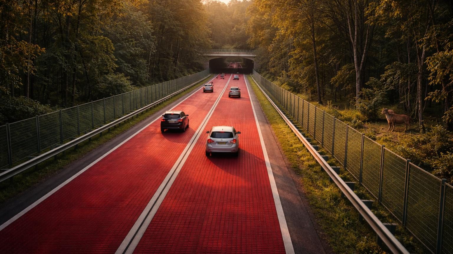Portion d'autoroute indienne aux bandes rouges striées surélevées traversant une forêt, avec clôtures métalliques de chaque côté et passages souterrains pour les animaux sauvages.