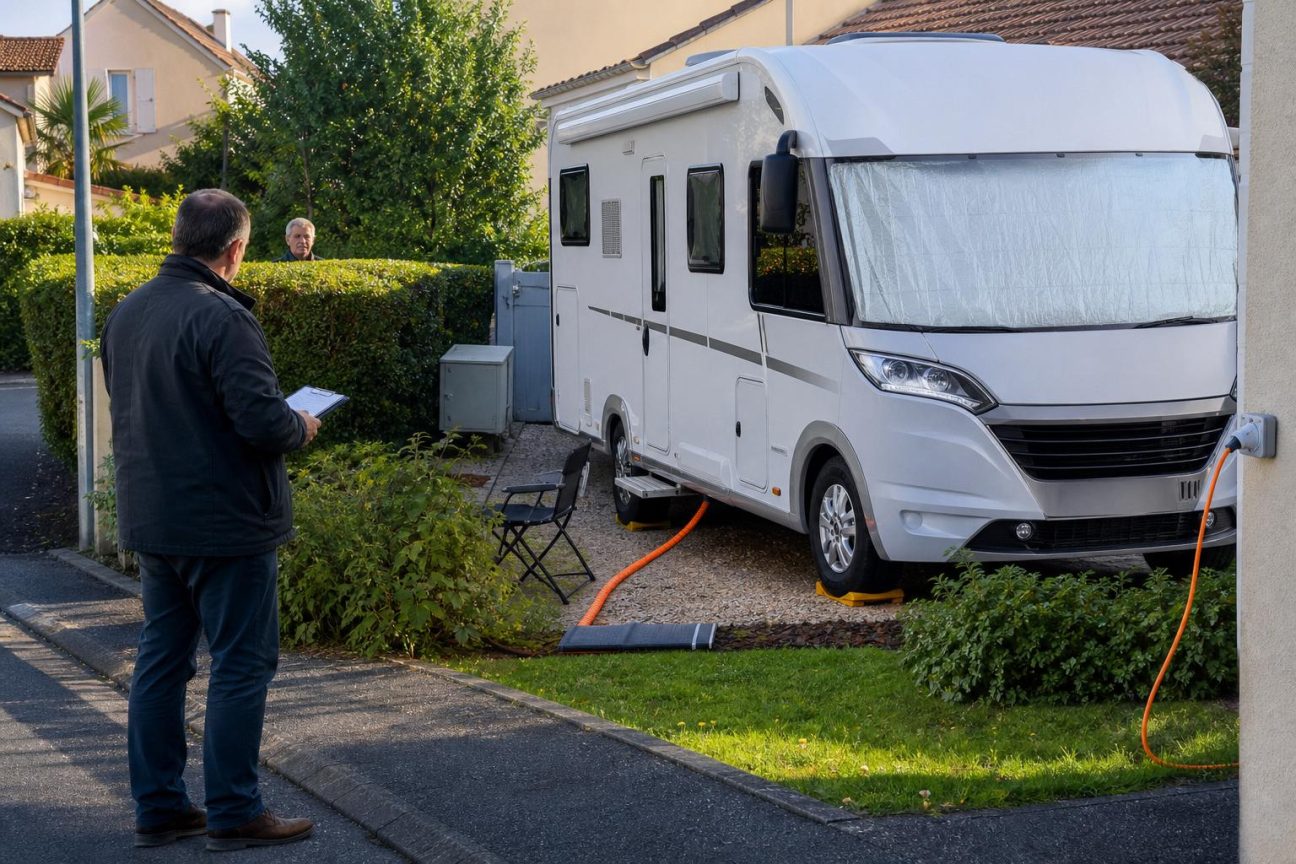 Rallonge électrique orange traversant une haie pour alimenter un camping-car stationné dans un jardin résidentiel, symbolisant une installation durable.