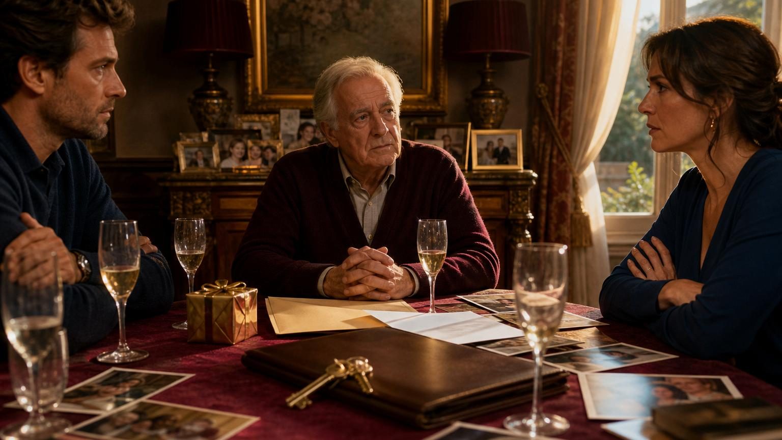 Table de repas familiale en fin de journée avec verres sur la table, symbolisant un moment où les questions de succession et de partage d'héritage surgissent