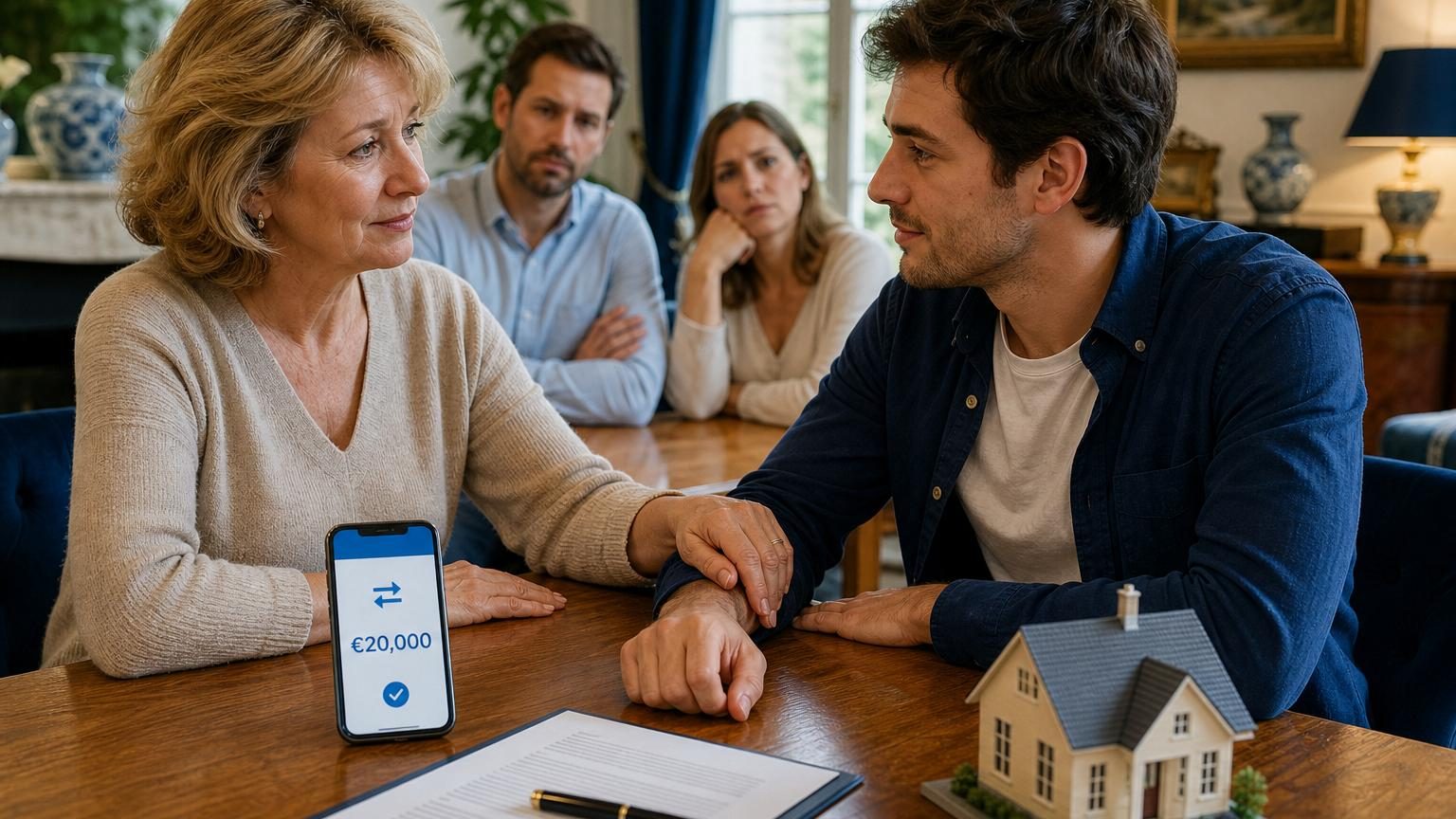 Deux mains se serrent au-dessus de documents bancaires et de billets, symbolisant une aide financière familiale et la confiance nécessaire pour la formaliser.