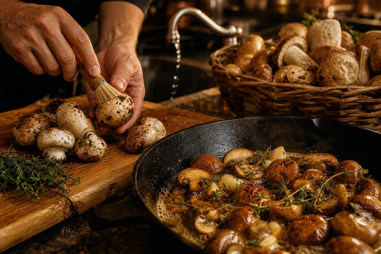 Champignons de Paris frais sur un plan de travail avec un pinceau alimentaire et du papier absorbant pour un nettoyage à sec