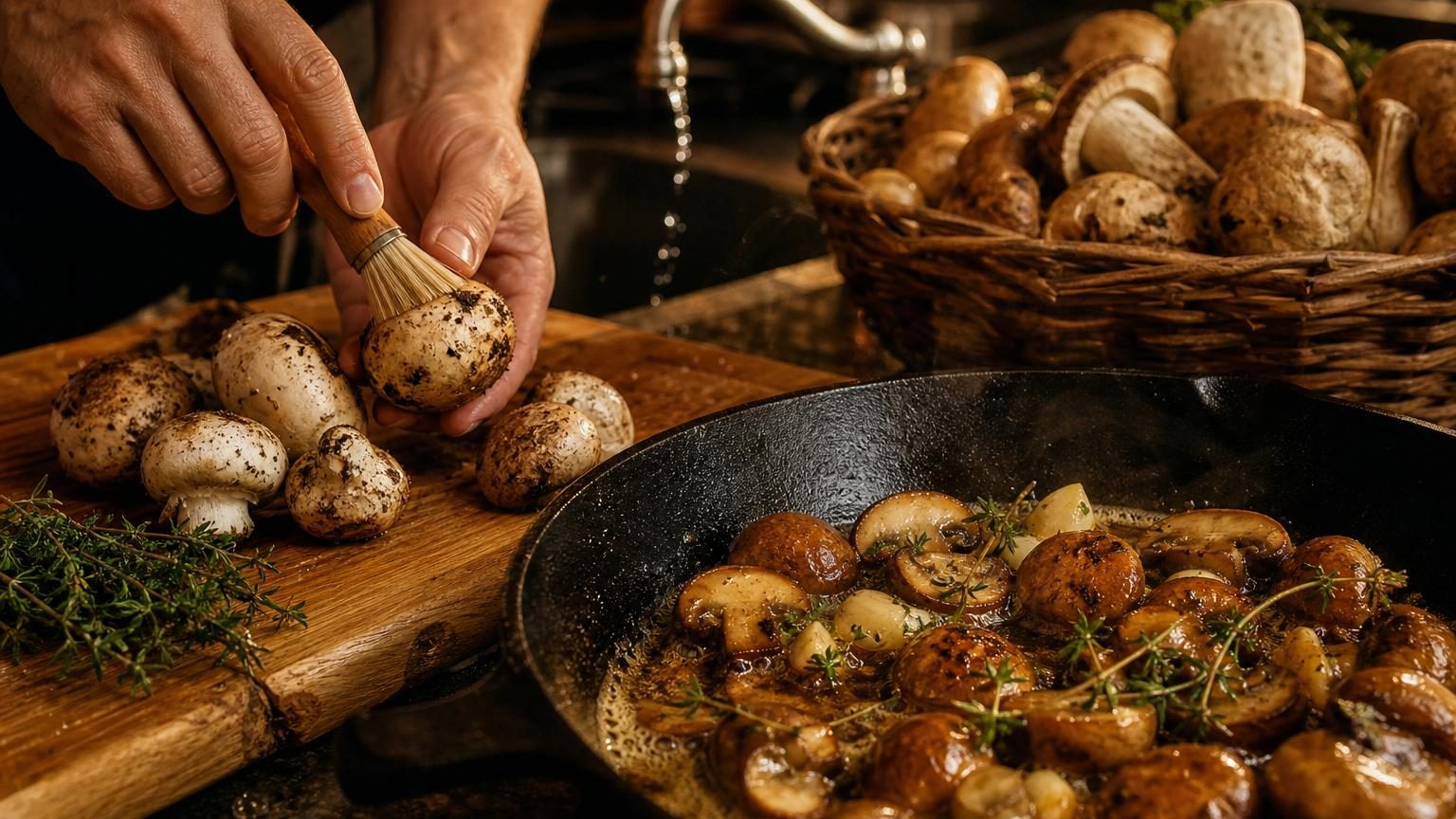 Champignons de Paris frais sur un plan de travail avec un pinceau alimentaire et du papier absorbant pour un nettoyage à sec