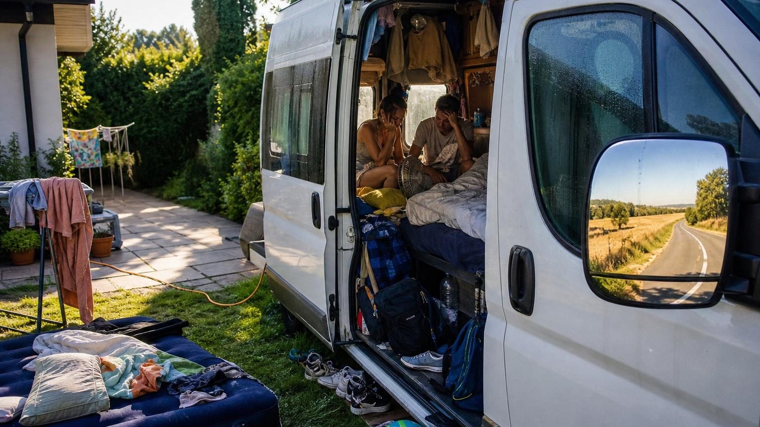 Camping-car garé dans un jardin résidentiel par une journée ensoleillée, avec fenêtres fermées et rideau tiré, illustrant son utilisation inappropriée comme habitation fixe.