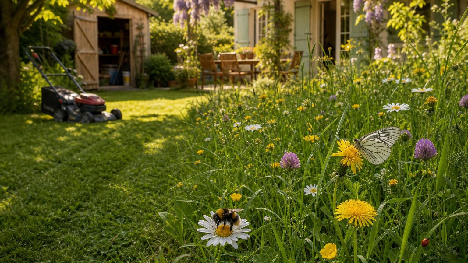Pelouse fleurie avec pissenlits et marguerites, tondeuse restée au garage, herbe haute verdoyante accueillant les insectes pollinisateurs.